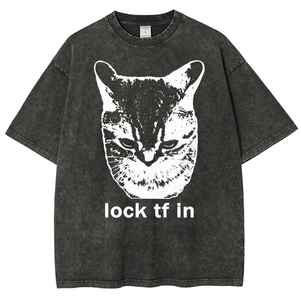 Lock TF In Cat Tshirt, Funny Gen Z Meme Shirt Unisex Graphict Washed T-Shirt Personalized Pattern Y2k Clothing Round Neck Washed T-Shirt,Women's Clothing 100% Cotton, Menswear, Top, Vintage Style,Summer Casual Oversized