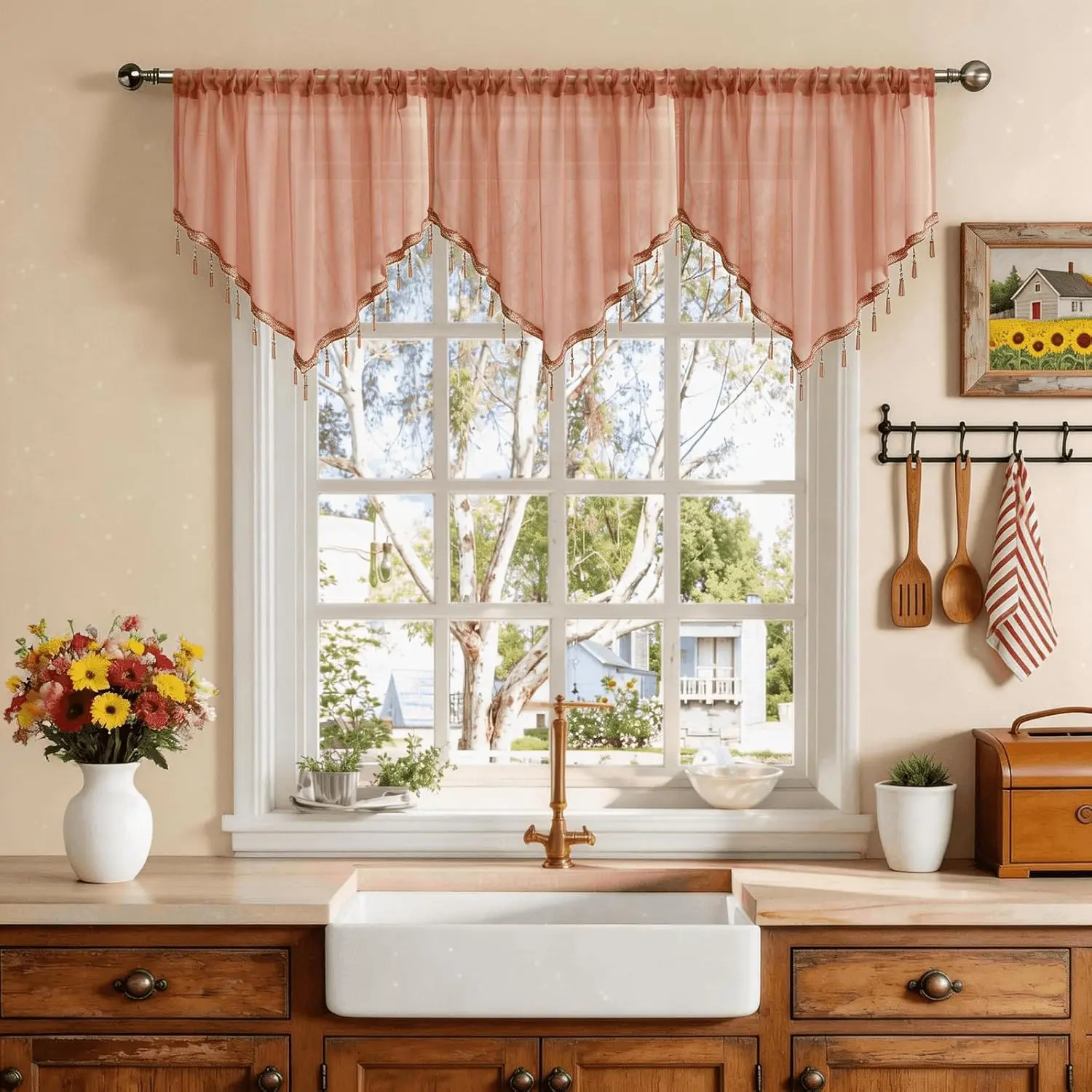 Brown Beaded Sheer Valance Curtains 1 count, Rod Pocket Boho  Beads Tassel Lace Swag  Window Valances for Kitchen Living Room Bedroom Bathroom, W51 x L24