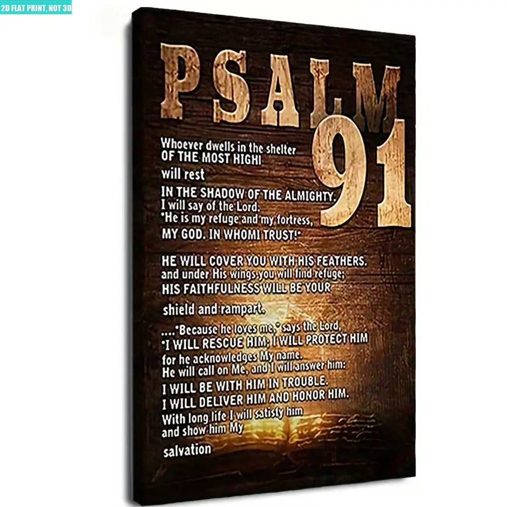 2D flat framed canvas painting featuring Psalm 91 canvas wall art poster, measuring 8x12 inches, funny decorative artwork for bedroom, kitchen, living room, hotel, cafe, office, restroom and bathroom, perfect gift for family and friends decor church quote