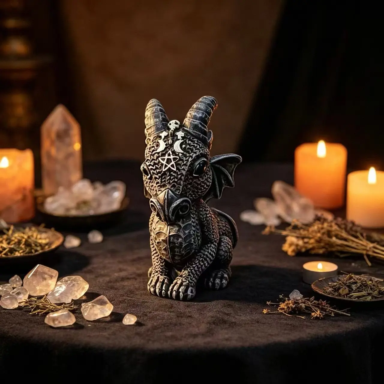 Unique Fantasy Dark Five-Pointed Star Baby Dragon Ornament, Stone Texture Sitting Dragon Statue, Halloween Magic Theme Desk Decor, Resin Craft Gift