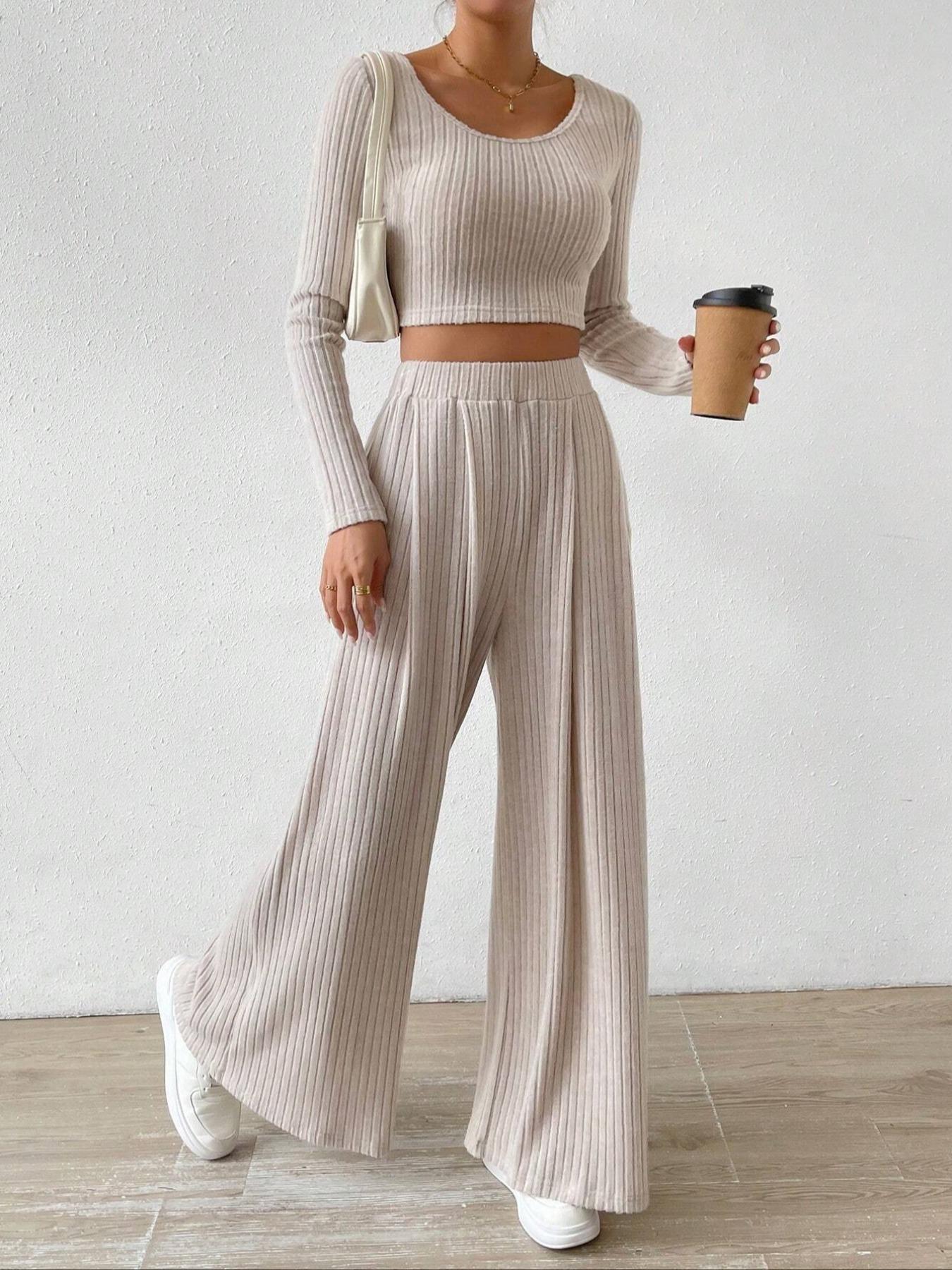 Women's Solid Ribbed Crop Tee & Loose Wide Leg Pants Two-Piece Set, Casual Long Sleeve Scoop Neck Top & High Waist Trousers for Fall & Winter, Women's Clothes for Daily Wear, Womenswear