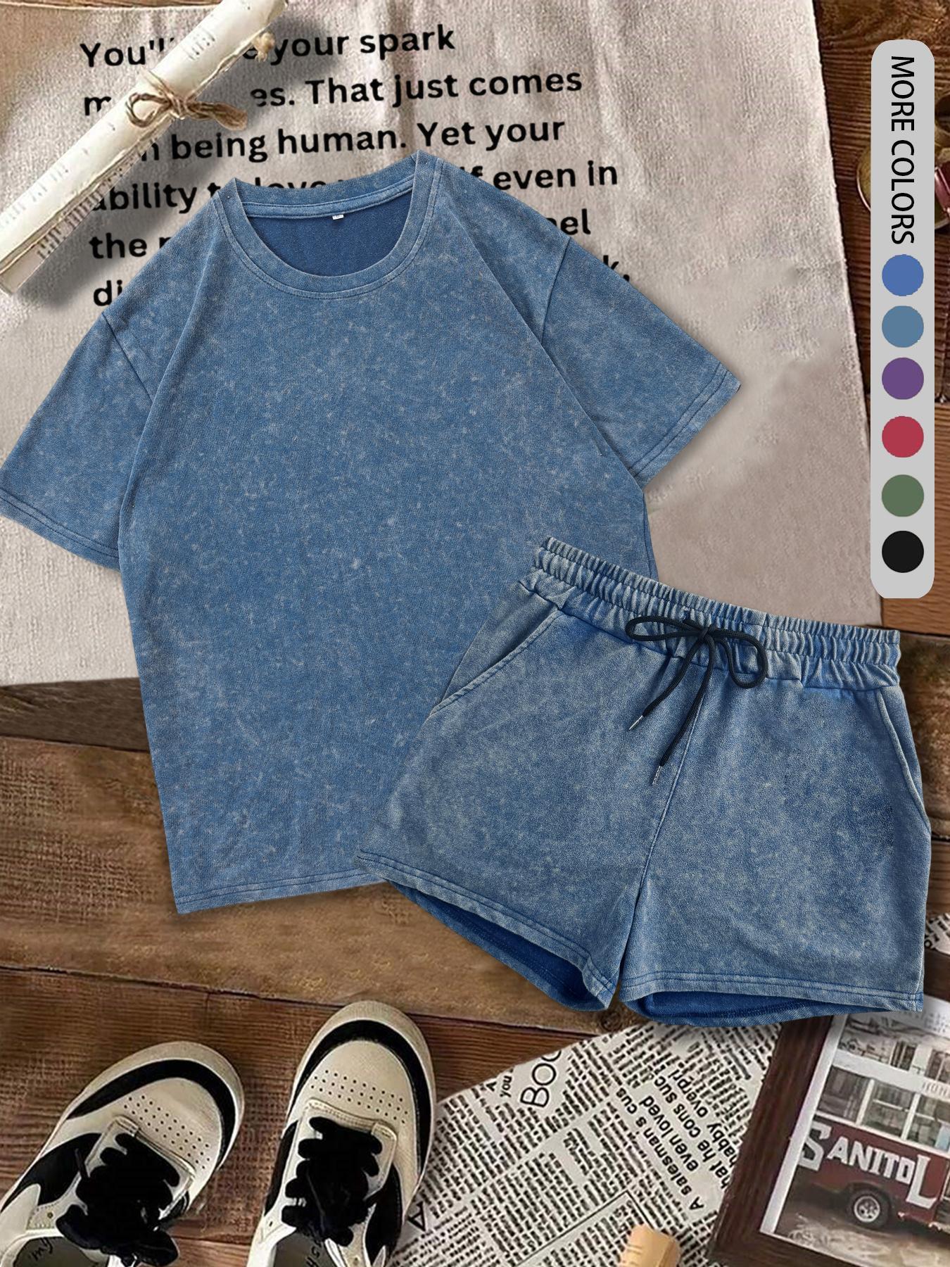 Two-piece Set Women's Solid Color Denim-effect Print Tee & Shorts, Casual Basic Round Neck Short Sleeve T-shirt & Shorts, Ladies Summer Clothes for Daily Wear, Matching Clothing Set Two-piece Set Women's Solid Color Denim-effect Print Tee & Shorts, Casual Basic Round Neck Short Sleeve T-shirt & Shorts, Ladies Summer Clothes for Daily Wear, Matching Clothing Set