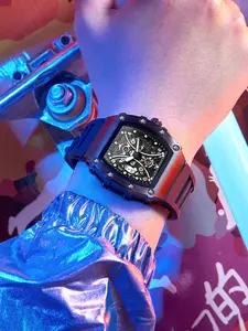 Business Casual Barrel Quartz Watch, Men's Cutout Silicone Band, Holiday Gift, Valentine's Day Gift, Analog Face, All Seasons
