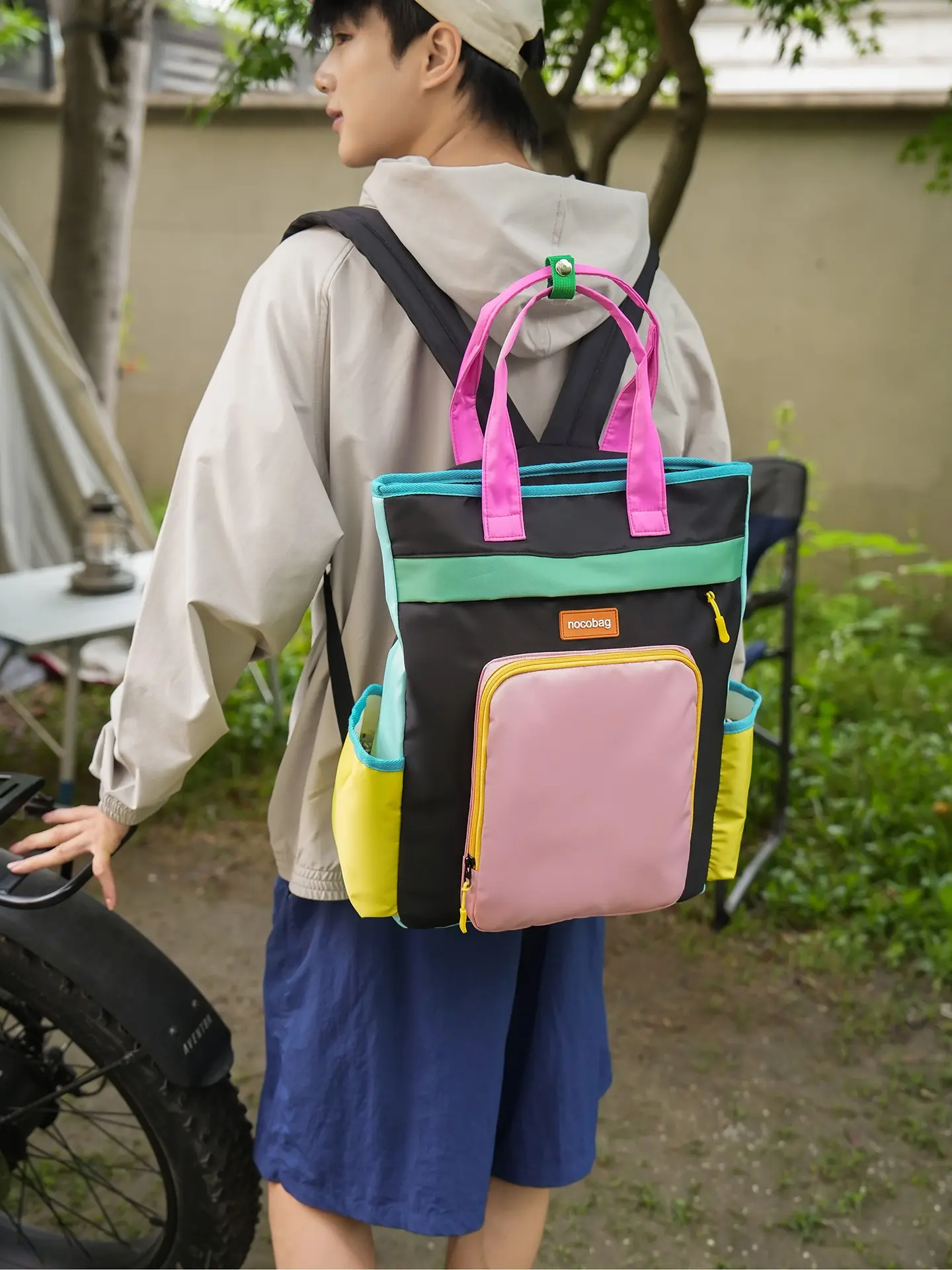 Dopamine Colorblock Canvas Large Capacity Two-In-One Tote Backpack, Front Drawstring Multi-Compartment, Lightweight Commuter Bag, Casual Lightweight Backpack