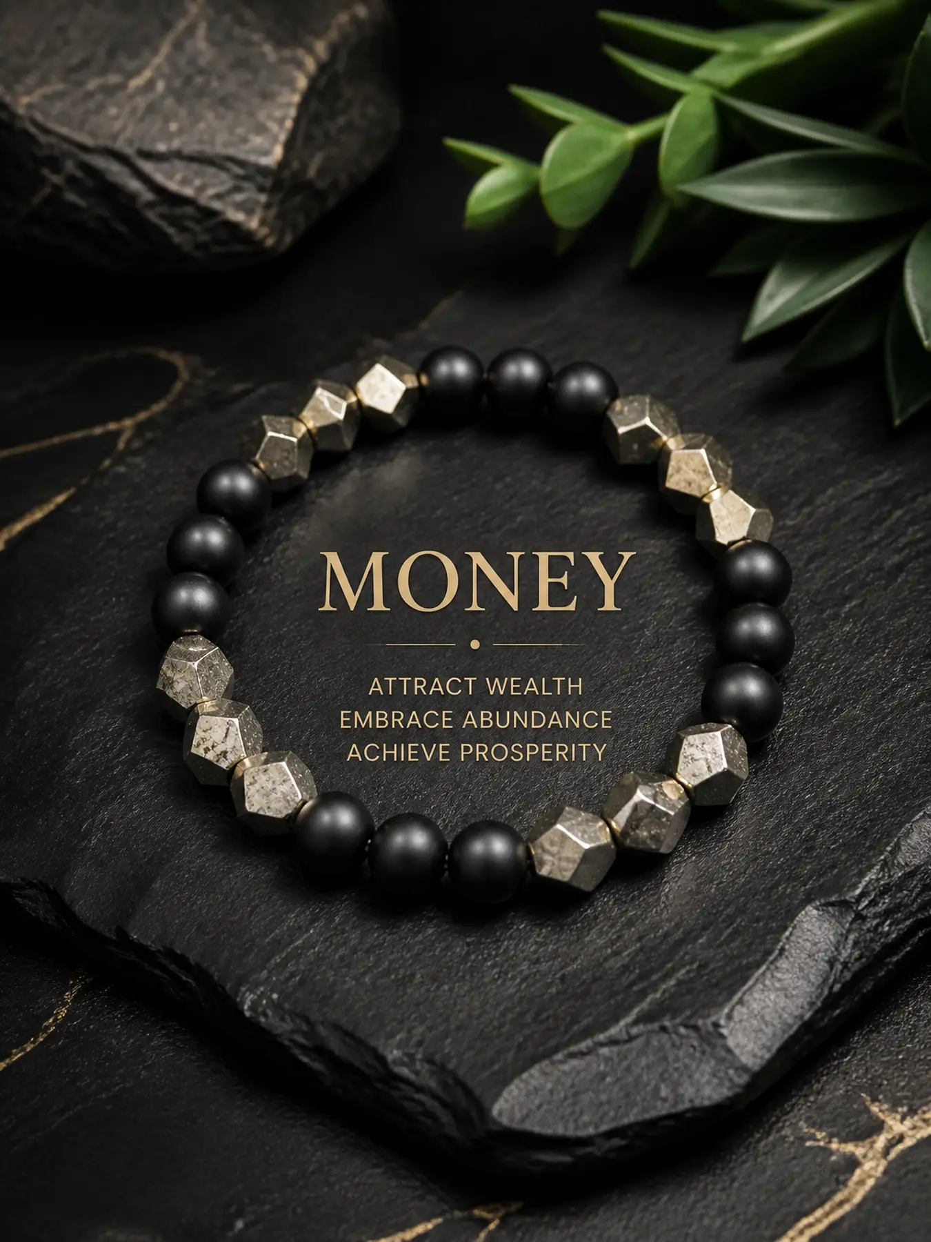 Natural Pyrite & Black Beaded Bracelet for Men, Wealth Luck Stone Bracelet, Matte Black Crystal Stretch Bracelet, Minimalist Spiritual Jewelry Gift for Him