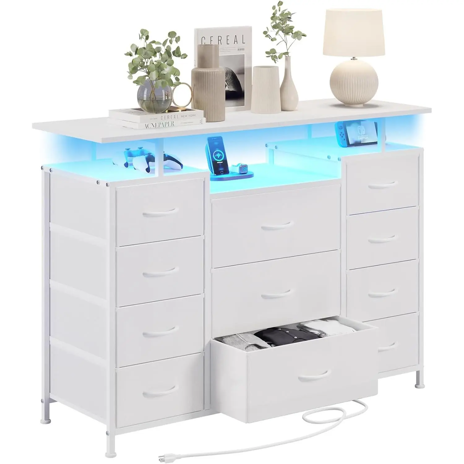 11 Drawers Dresser with LED Light&Shelf,Dresser tv Stand for Bedroom | White floating dresser tv stand with  station,chest of drawers with wooden shelf for living room,Storage Organization