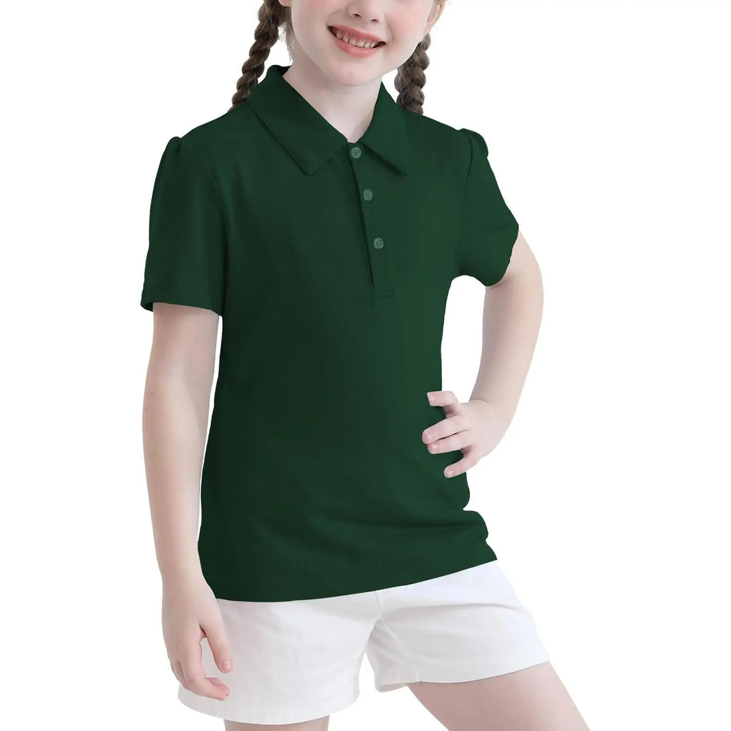 Girl's Puff Polo Shirt Kids School Uniform Short Sleeve Collared Shirt