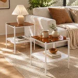 2-Piece Nesting Coffee Table Set, Sleek Brown Flat-Top, Tempered Glass with MDF Layer, Iron Legs, Indoor Storage, 19.1"L x 15.35"W x 21.14"H, 110 lbs Capacity