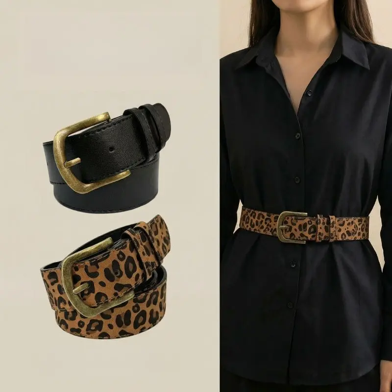 Leopard Print Women’s Belt, Vintage Gold Buckle Adjustable Waist Belt, Trendy Animal Print Fashion Belt for Jeans, Dresses, Pants & Skirts, Retro Western Style Casual Statement Accessory for Everyday Outfits
