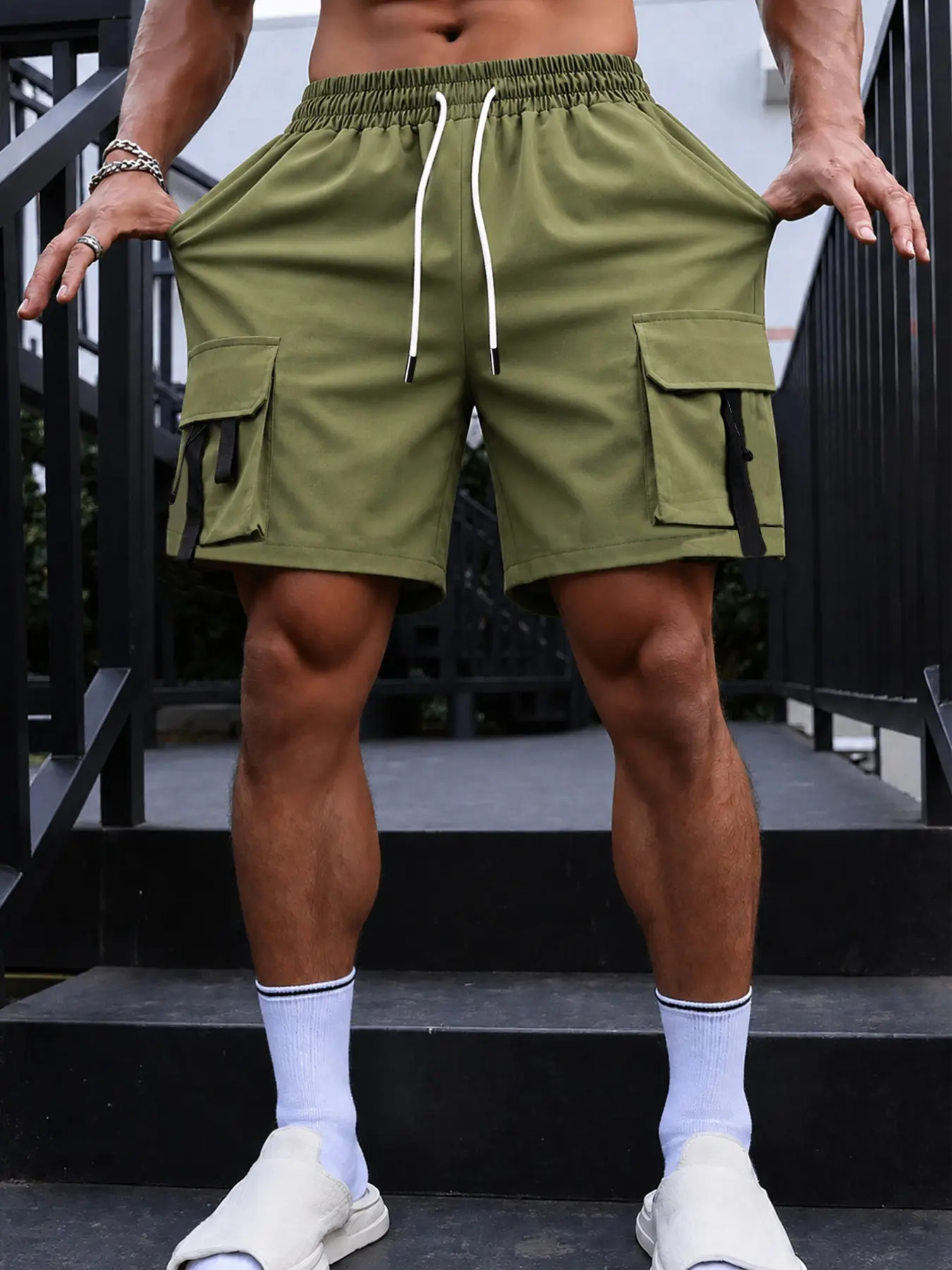 Men's Multi-Pocket Workwear Shorts, Loose Fit Drawstring Waist, Military, Outdoor Casual, Above Knee, All Seasons