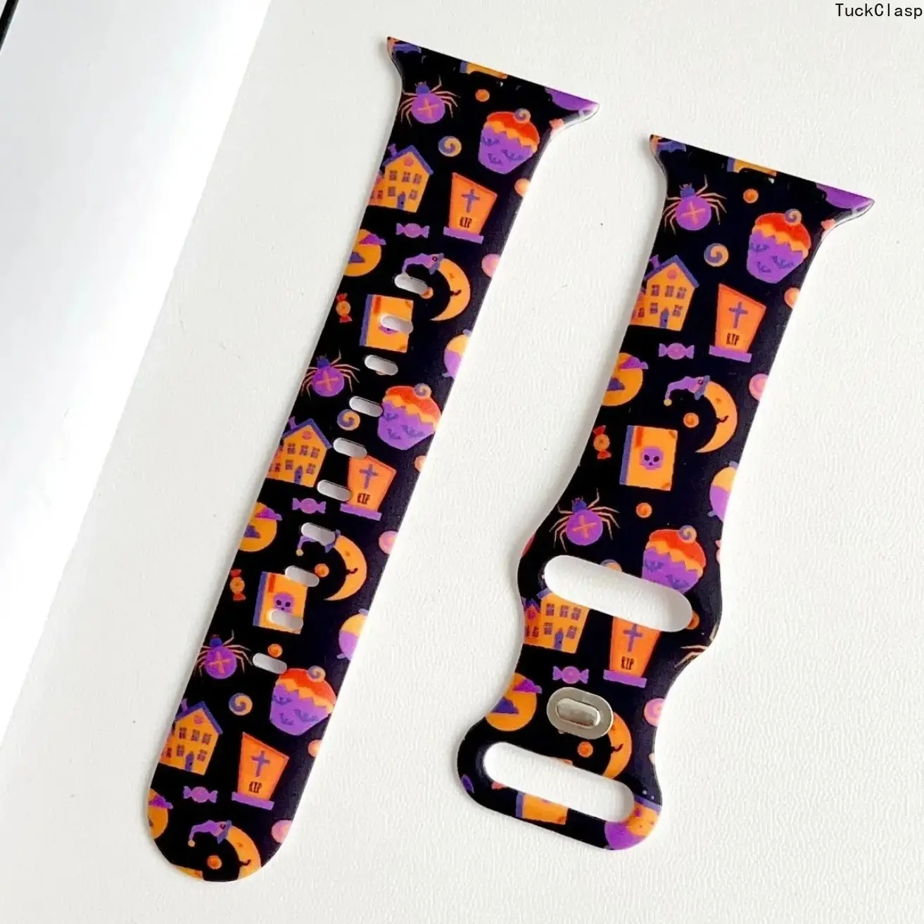 Pastel Purple & Orange Halloween Silicone Watch Band, Black Base with Spooky House, Coffin, Spider, Witch, Moon & Magic Book Print, Waterproof Soft Wristband Compatible with Smart Watches, Halloween Party Bracelet for Teen Girls (Band Only)