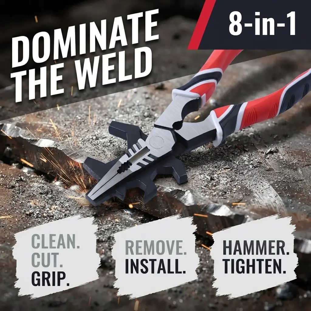 8‑Inch 8‑in‑1 MIG Welding Pliers, High Carbon Steel Spring‑Loaded Multi‑Tool with 12/15/27mm Wrench for Nozzle Cleaning & Wire Cutting