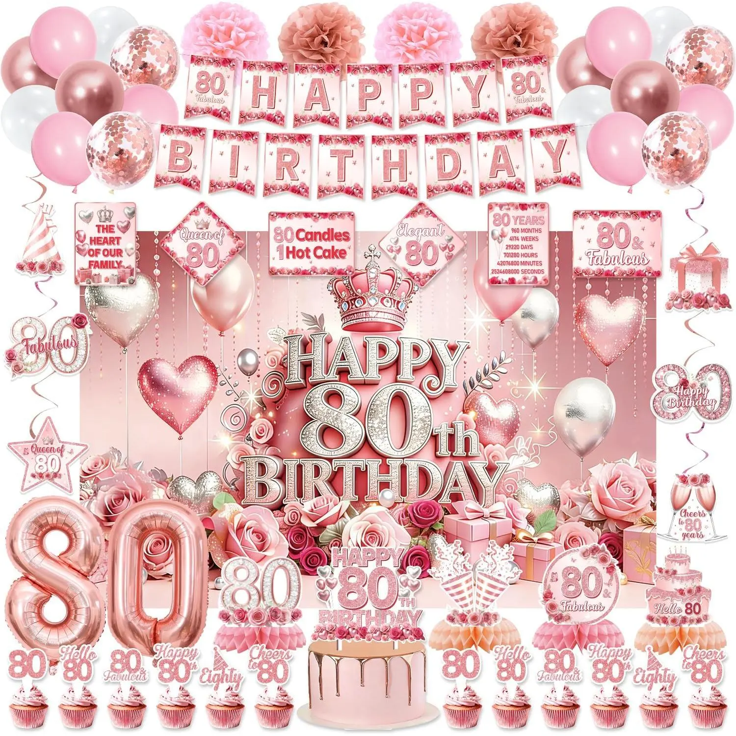 80th Birthday Decorations for Women, Pink Rose Gold Flower 80 Years Old Party Decor Supplies for Women 80th Birthday - Backdrop, Banner, Balloons, Centerpieces, Hanging Swirls, Wall Signs