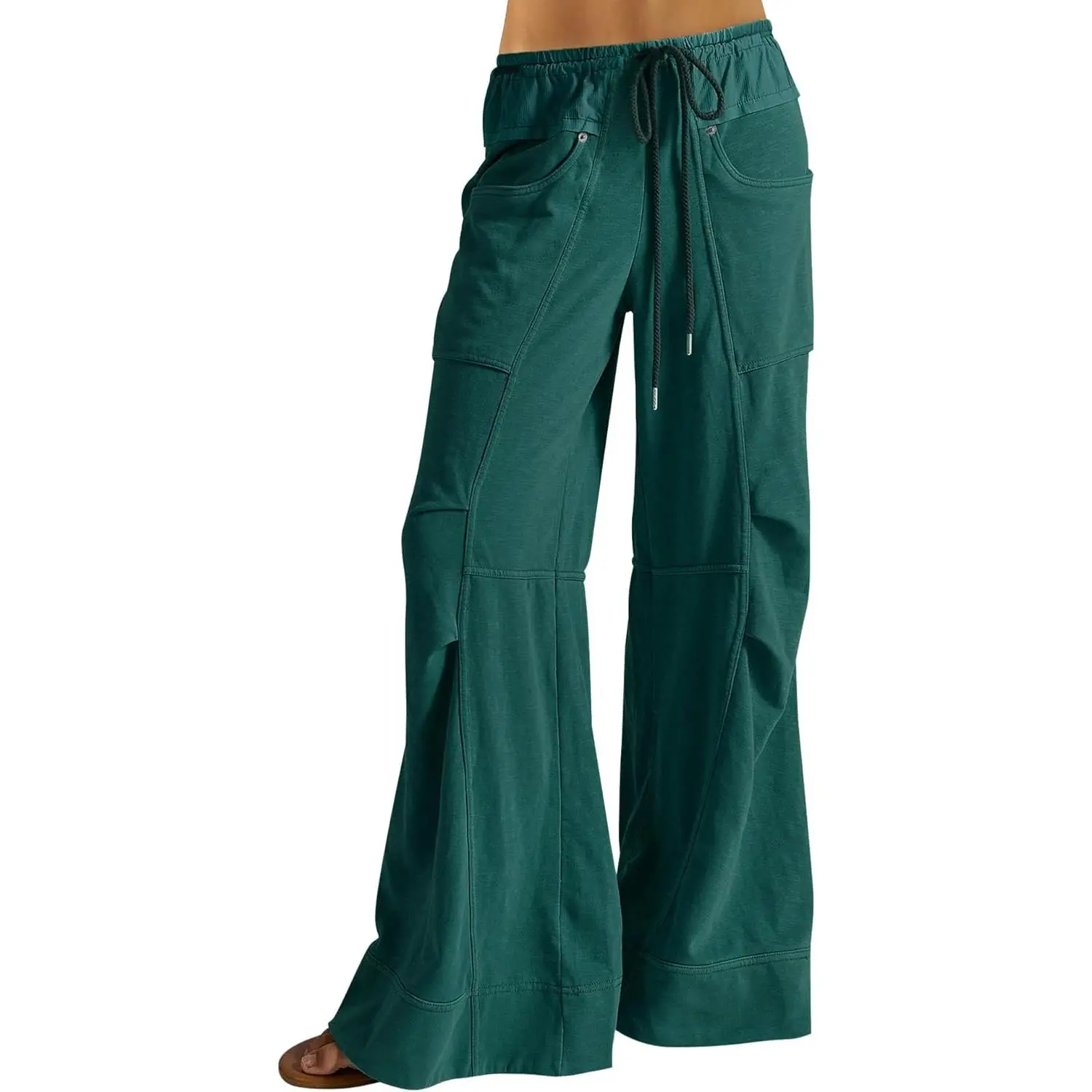 Women's Baggy Wide Leg Sweatpants, High Rise Cotton-Blend Lounge Pants with Patchwork Styling, Drawstring and Pockets, Loose Fit, Casual, Fashion, Customize The Waist, Breathable Stretch