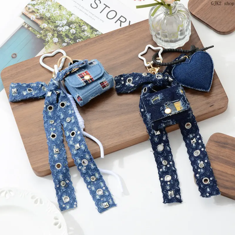 Vintage Denim Keychain, Mini Denim Bag Charm, Distressed Jean Ribbon Key Ring, Y2K Heart Denim Pendant Bag Accessories for Women