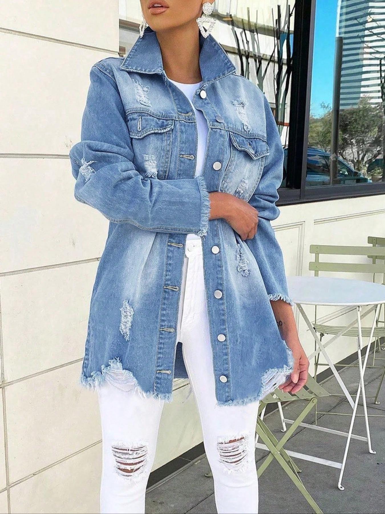 Women's Raw Hem Ripped Fitted Denim Jacket, Button Front Design, Fashion Street Style Versatile Jean Coat, Casual Basic Wear for Spring & Fall