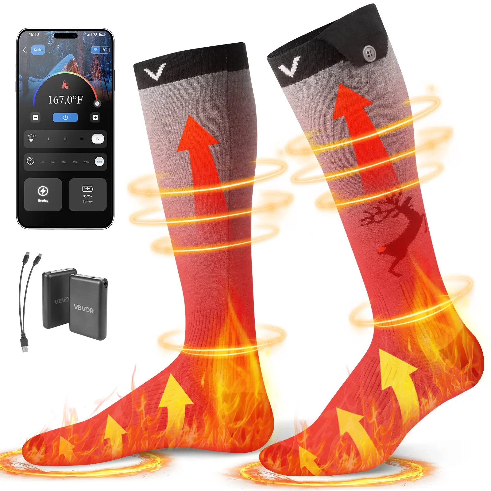 【toolupgrade】VEVOR Heated Socks, 6000mAh Battery Powered, Rechargeable Heating Socks with 4 Heating Levels, Electric Heated Sock with APP Control for Men Women, Foot Warmer for Hunting Riding Camping Hiking