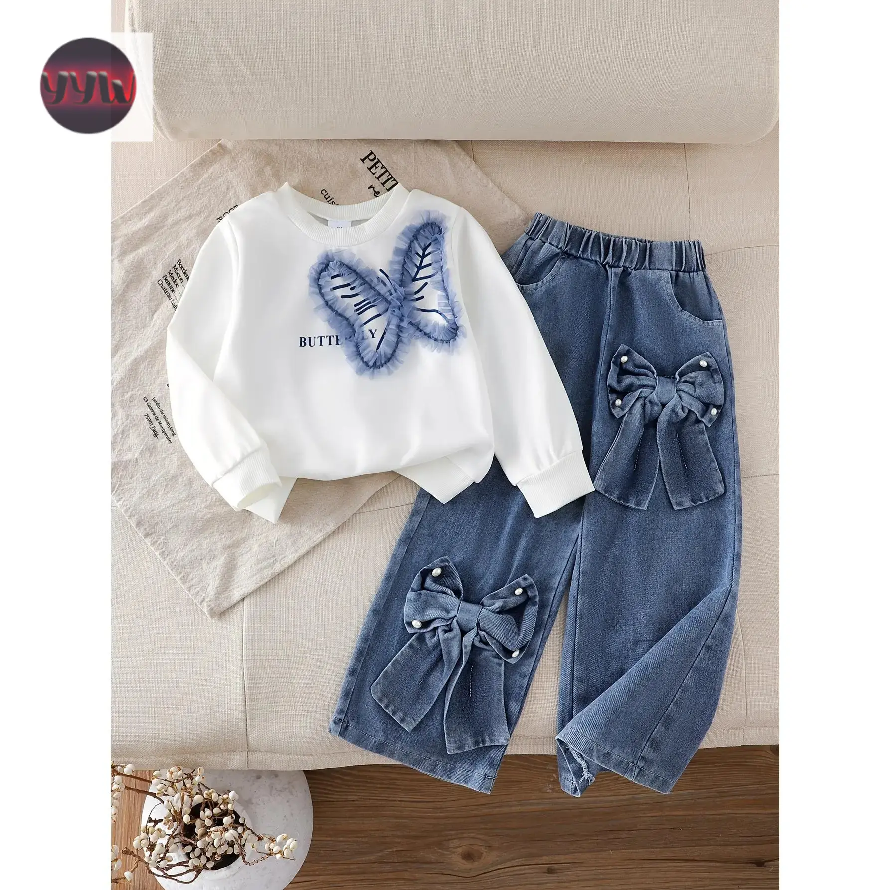 YYW1 Girl's Decor Sweatshirt + Bow Wide-Leg Pants 2pcs Set - Casual Fashion Style, Eye-Catching Decoration, Bow, Elastic Waist, Perfect And Autumn, Great Daily And Outdoor Wear
