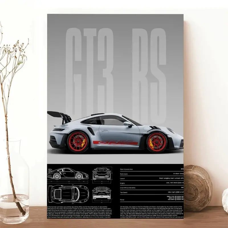 NBHYK Porsche 911 GT3 RS Poster 992 Physical Print Hyper Car Artistic Decor for Bedroom Dorm Man Cave Modern Abstract Design Bathroom Wall Art