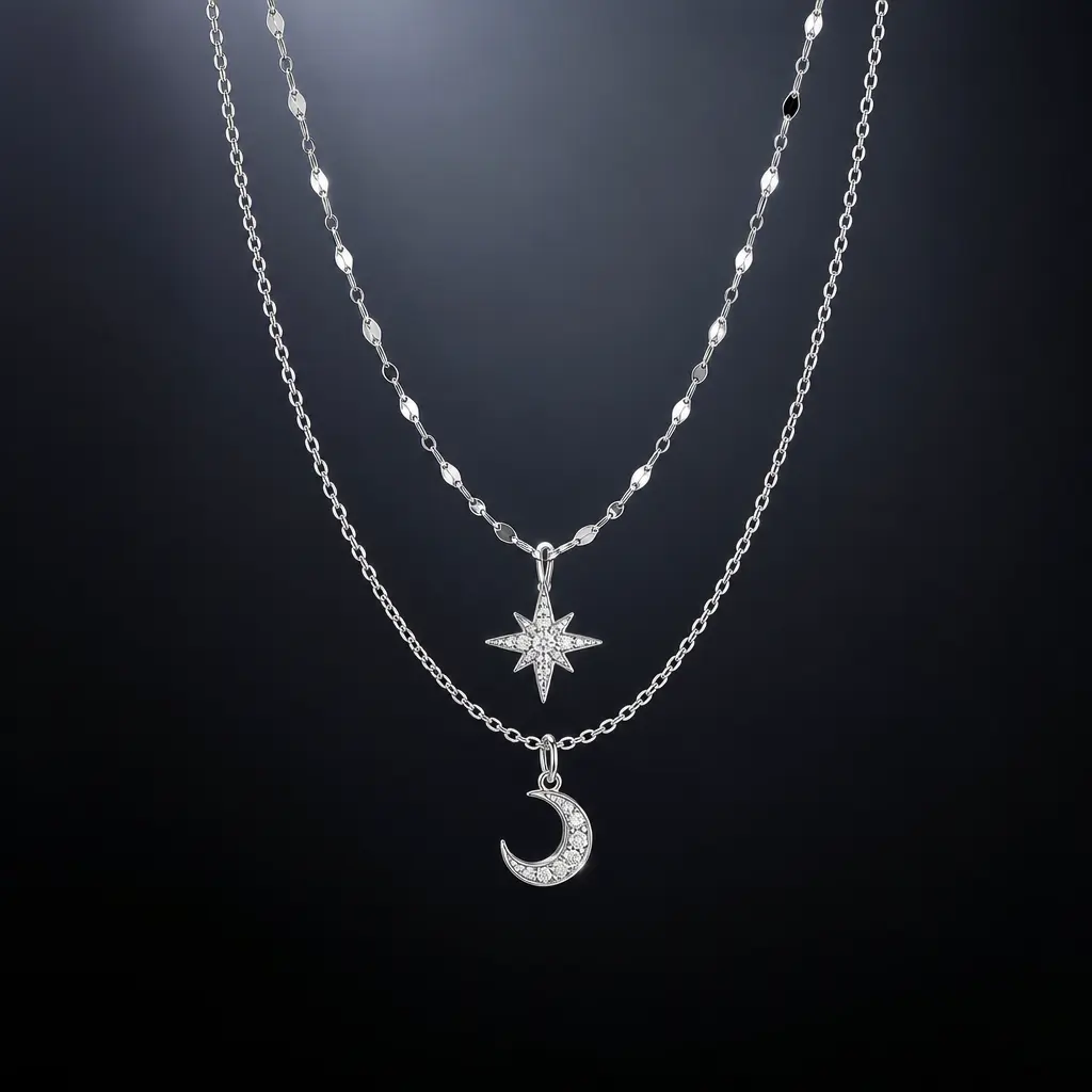 Women's Dainty 2in1 Star+Moon Cubic Zirconia Celestial Silver Stacking Necklace - Copper Alloy Separable Layered Pendants, 35cm Main Chain, 5cm Extender, Minimalist Silver Aesthetic Choker, Adjustable Female Anniversary Daily Wear Gift