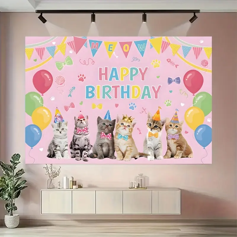 Printed Lightweight Pink Cartoon Kitten Birthday Backdrop Banner, Polyester Home Decor Tapestry for Kids Party Photo Booth, Ideal Gift for Room Celebrations, Print