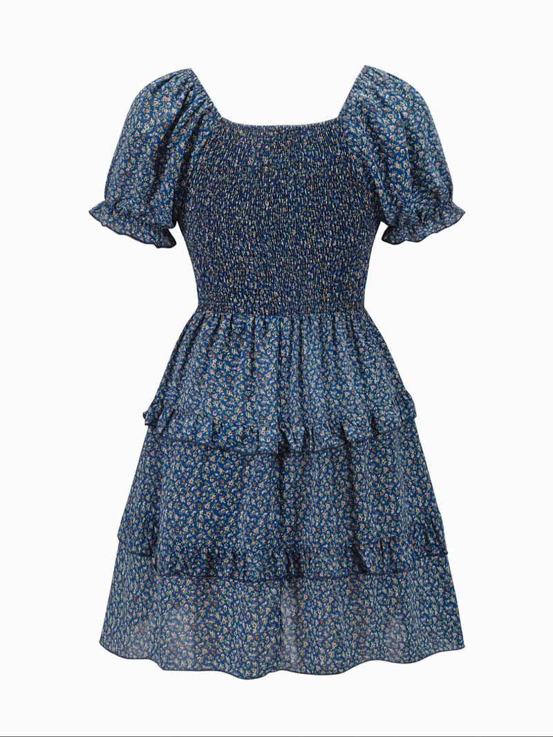 【Plus Size】 Floral Print Frill Trim A Line Dress, Boho Puff Sleeve Shirred Dress for Beach Holiday Vacation, Women's Clothes for Summer