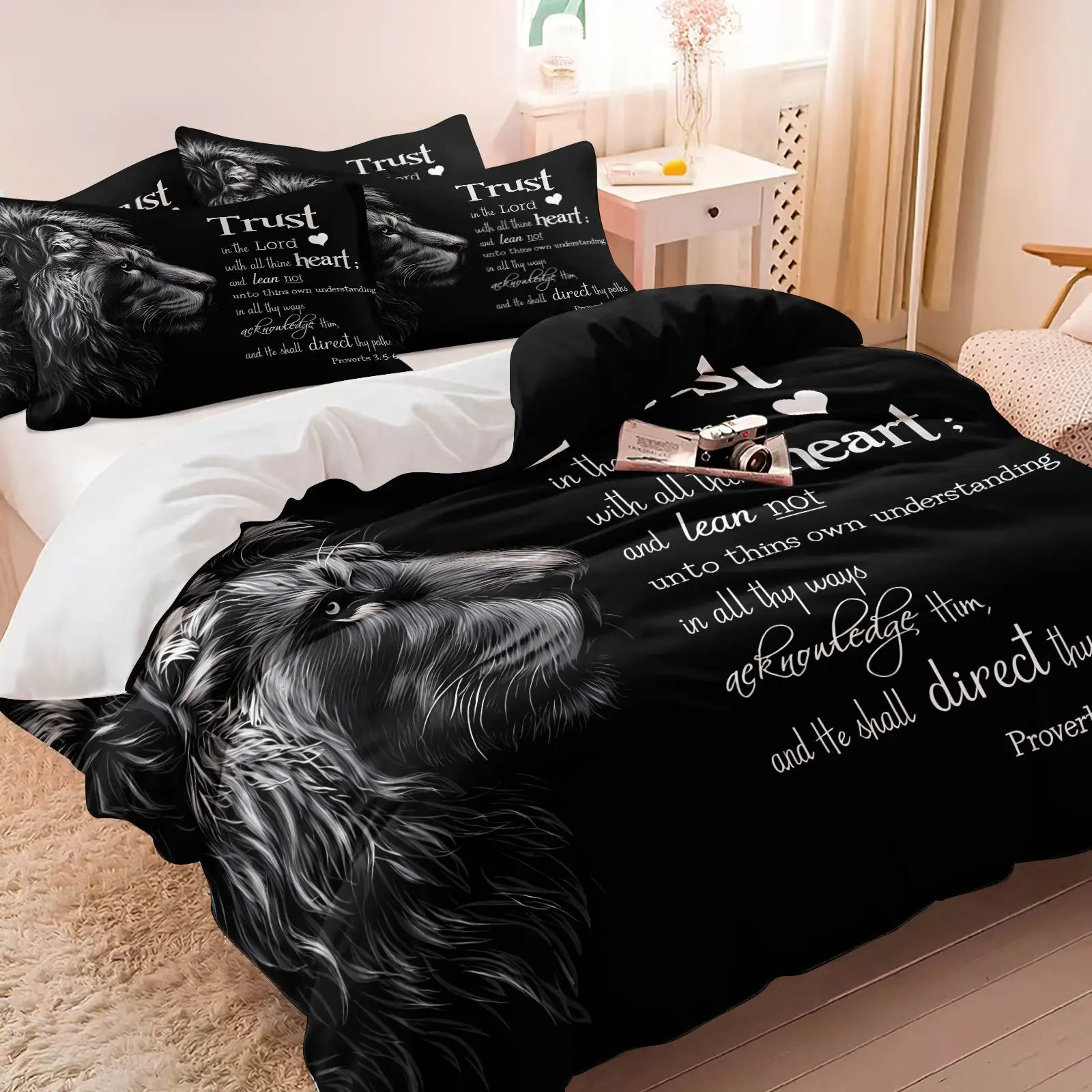 Christian Lion Print Duvet Cover Set, Bible Verse Design, Soft Fabric, Includes 1 Duvet and 1-2 Pillowcases, Ideal for Believers Master Bedroom Decor, Soft Bedding Set