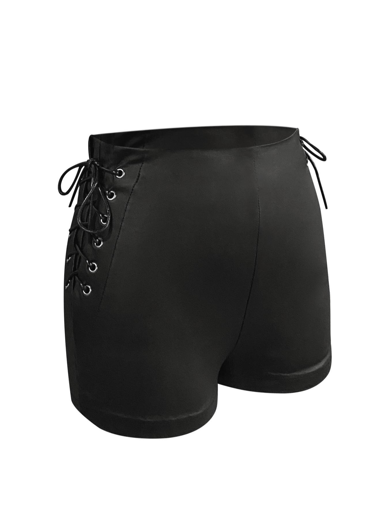 Women's Solid Color PU Leather Shorts, Fitted Fashion Shorts, Fashion Casual Lace Up High Waist Shorts for Daily Outdoor Wear, Ladies Bottoms for All Seasons