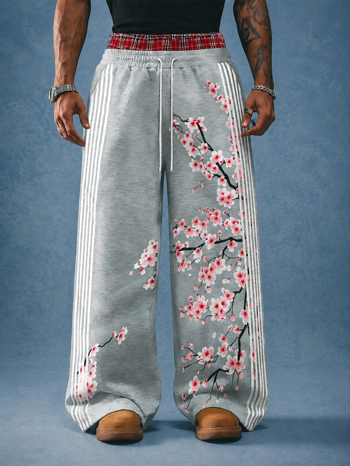 Unisex Grey Wide-Leg Joggers, Cherry & Plum Floral Print, 3 White Vertical Side Stripes, Plaid Drawstring Waist, Soft Skin-Friendly Knit Loose Pants, Y2K Harajuku Hip Hop Street Trousers for Commute, Skate, Gym, School & Party