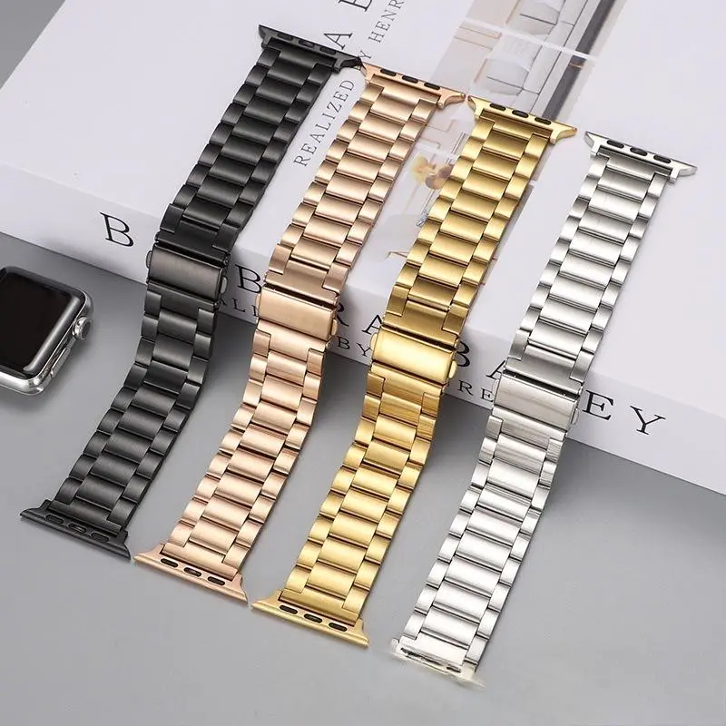 3-Bead Stainless Steel Watch Band, Luxury Adjustable Wearable Accessories with Jump Buckle Silver, Durable Replacement Wristband Compatible with All Apple Watch Series