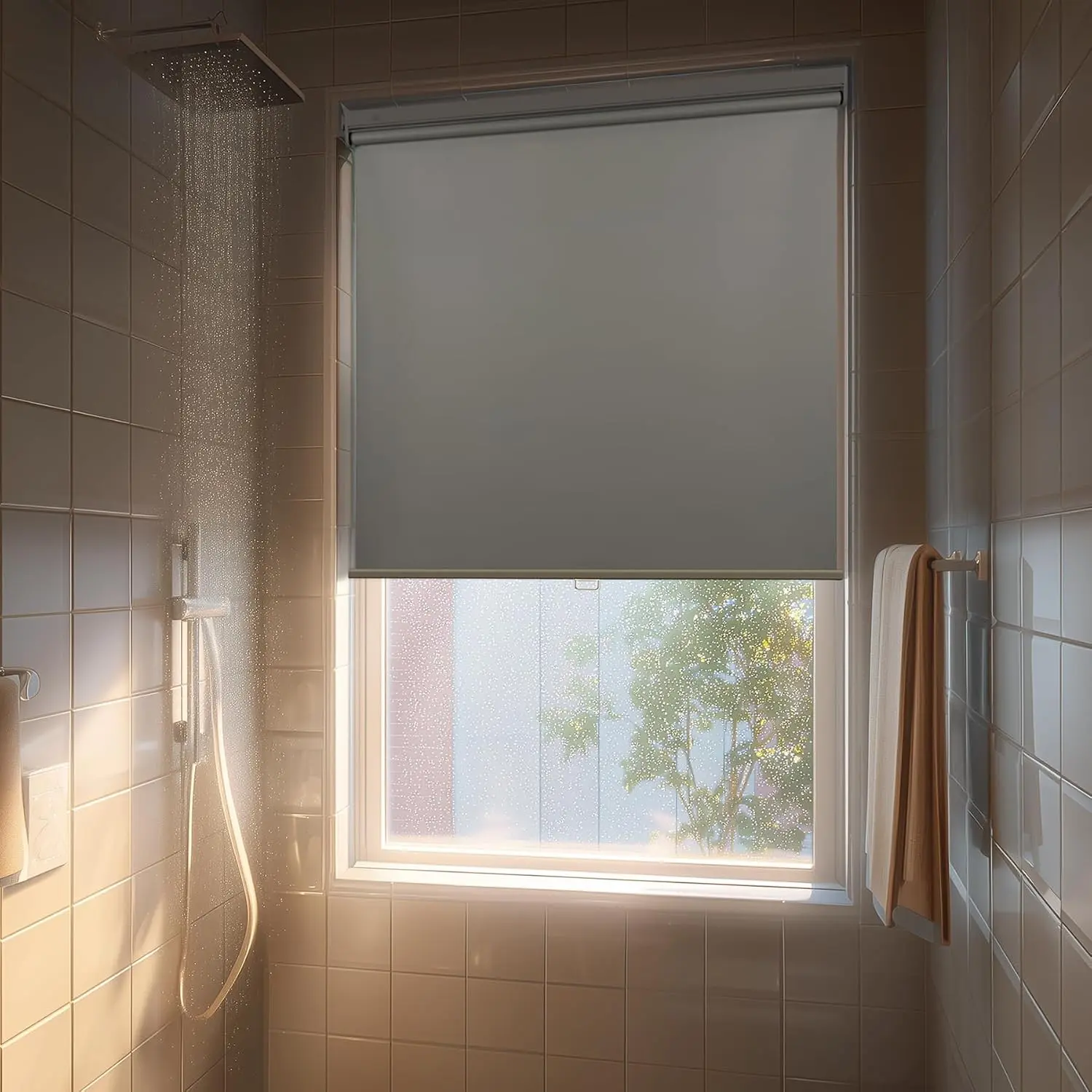 No Drill Cordless Blackout Roller Shades Screwless Waterproof Shower Window Blinds, Auto-Retraction Easy Install Blind for Bathroom/Kitchen/Office/Exterior, Grey, 22" W x 54" H
