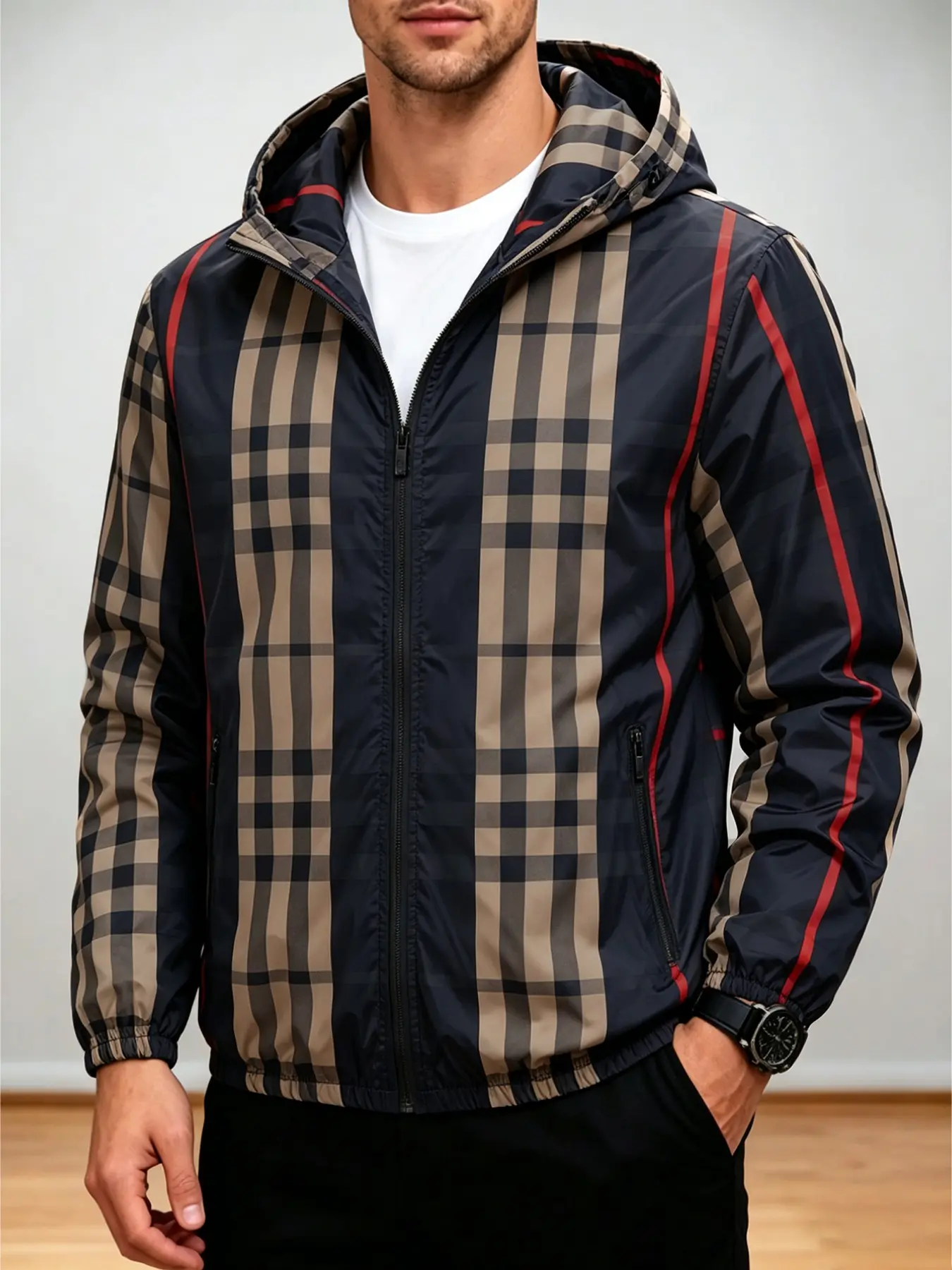 Men's Spring Fall Plaid Casual Jacket, Fitted Long Sleeve Unlined Outerwear, Youth Fashion Hooded Coat, Outdoor Sport Versatile Top