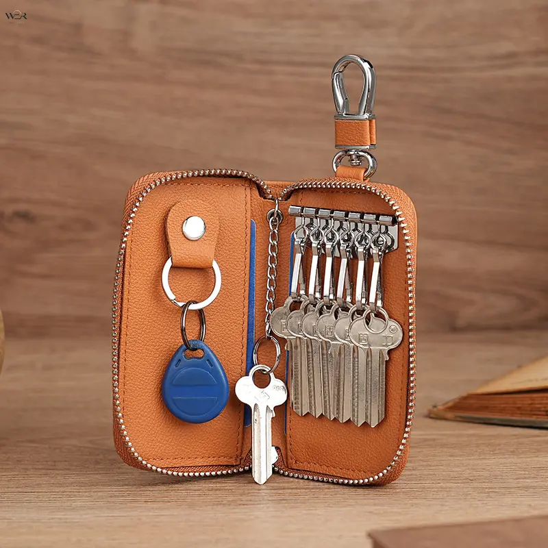 Portable PU Leather Key Holder with Carabiner Clip, Zipper Key Pouch Wallet for Car Keys House Keys, Multi Colors Black/Brown/Gray/Beige/Light Blue, Mini Key Storage Bag for Men Women