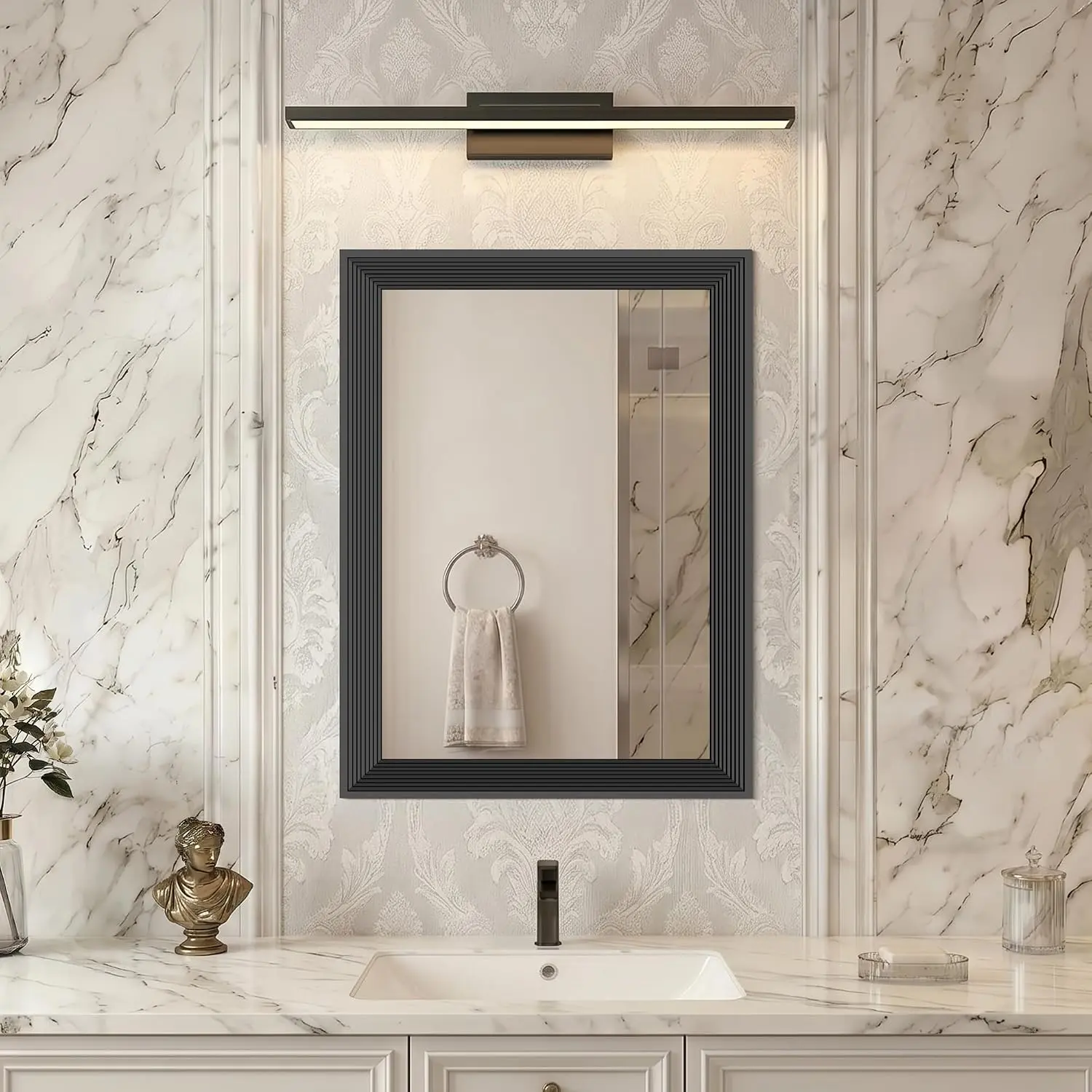 18x24 inch Black Bathroom Mirror,Bevelled  Black Mirror with Ribbed Texture-Modern Rectangle Bathroom Wall Mirror for , Tempered Glass,Hangs Horizontally or Vertically