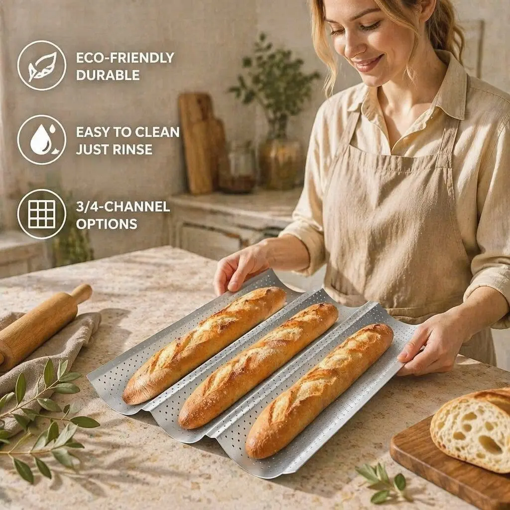 2-slot/3-slot/4-slot Non-Stick Baguette Baking Pan, for baking French bread, with perforated design, suitable for baking baguettes, baking tray, wavy loaf pan, Bakeware, silver