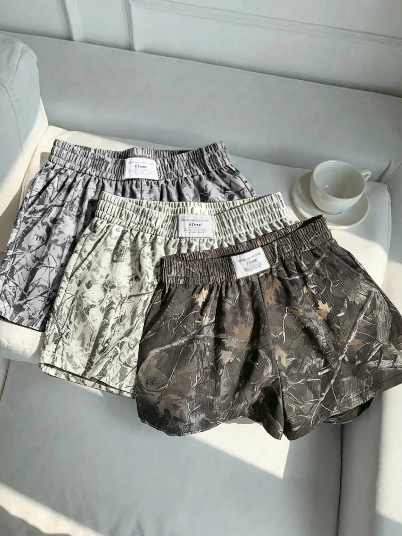 3-piece set, American retro tree branch camouflage full print+solid color elastic waistband pocket loose shorts, women's summer multi-color lightweight casual sports shorts, Casual Sporty Shorts