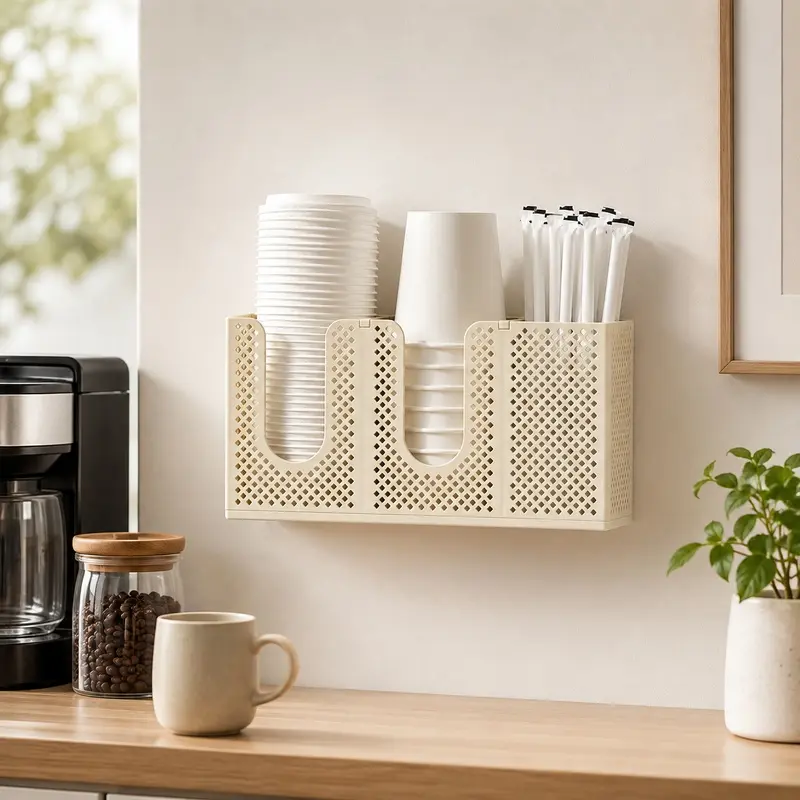 Wall Mounted Cup Organizer, Disposable Paper Cup Lid and Straw Holder, Multi-Compartment Cup Dispenser Rack for Kitchen, Coffee Bar, Office Breakroom and Countertop Storage
