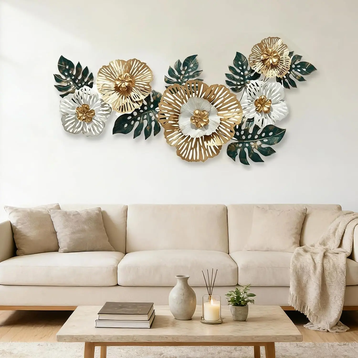 54" Large 3D Artistic Metal Flower Leaf Wall Sculpture, Handcrafted Iron Hanging Home Decor for Living Room, Modern Gold-Green Nature-Inspired Accent for Bedroom