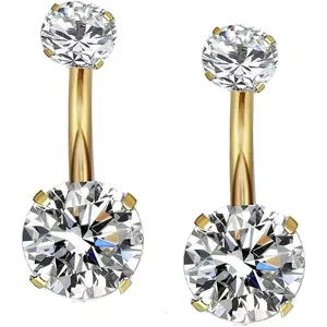 YHMM 14G Surgical Steel Gold Belly Button Rings, Internally Threaded Round CZ Navel Barbell Stud for Women Men