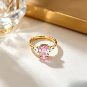 Created Ruby Statement Ring, 18k Golden Plated Cushion Cut Red stone Ring with Teardrop CZ Side Stones, Elegant Daily & Engagement Jewelry Gift for Women