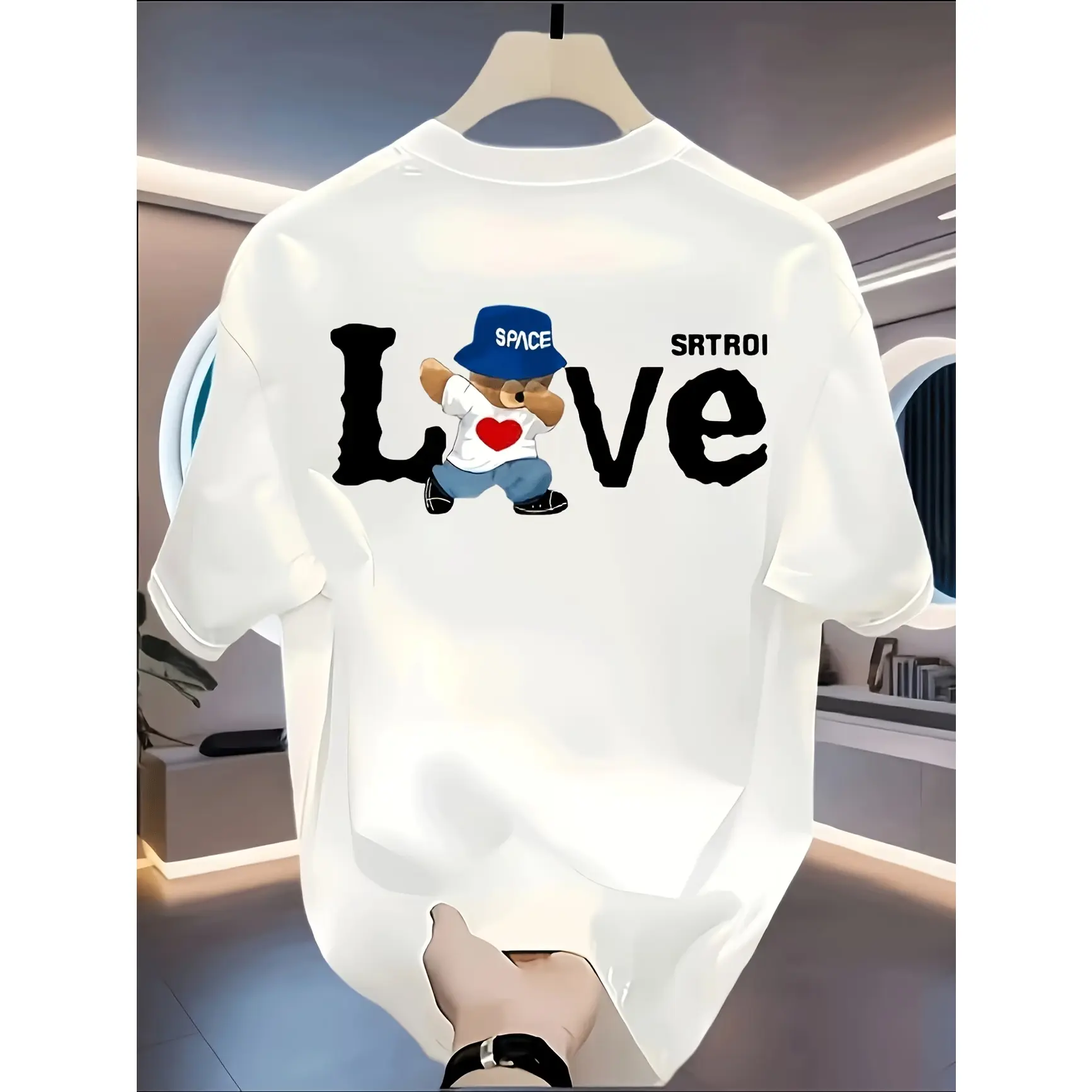 Cute Hip Hop Bear Love Letter Back Print Oversized Cotton T-Shirt, Kawaii Streetwear Casual Outfit Comfort Fashion Tee, Perfect Valentine's Day Gift For Couples Men Women Teens, Ideal Holiday Present For Bear Cartoon Lovers Friends Family Relaxed Fit Shor