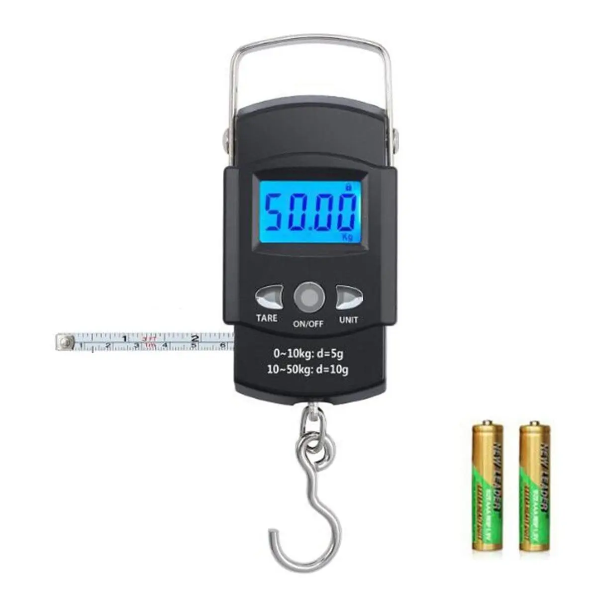 Fish Scale, 50kg/110lb Portable LCD Electronic Hand Scale Travel Hanging Fish Scale with 1m Ruler Tape Precision Steelyard Scales Fishing