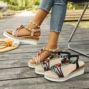 Boho Beaded Espadrille Wedge  - Upper & Jute Wrapped Platform, Thick Sole Beach Footwear with Ankle Strap, Suitable for Casual, Poolside, Summer Outfits, Women Shoes footbed Elegant Comfortable Sandals