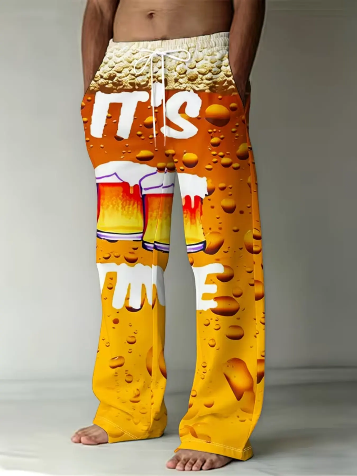 Beer Festival Theme 3D Digital Print Men's Loose Straight Leg Pants, Comfortable Long Trousers for Casual Wear, Trendy Fashion Bottoms