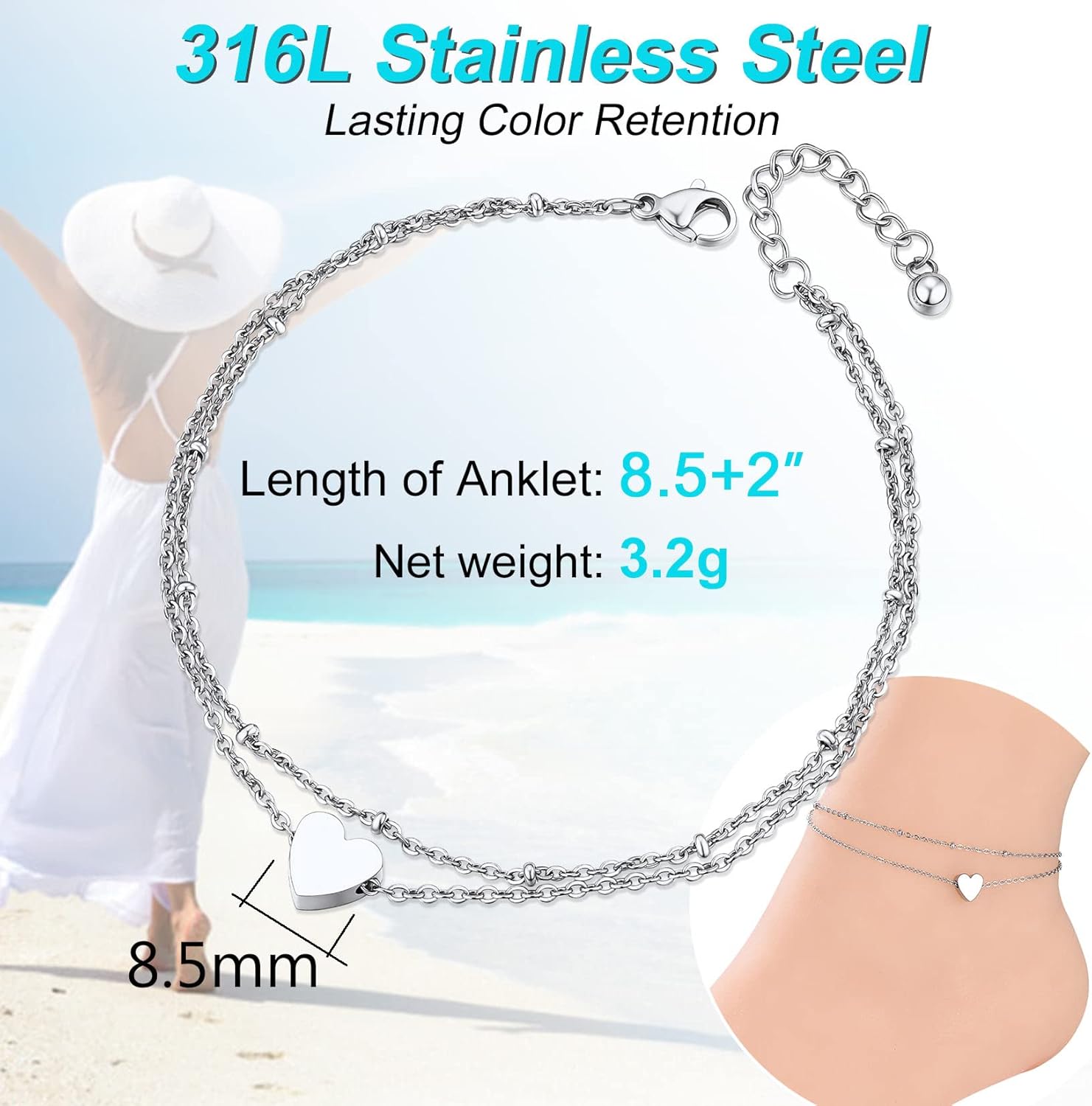 Womens S925 Sterling Silver Adjustable Anklet, Heart/Moon/Handcuff Ankle Bracelet,Summer Foot Jewelry, Stainless Steel/Gold Plated (send gift box)