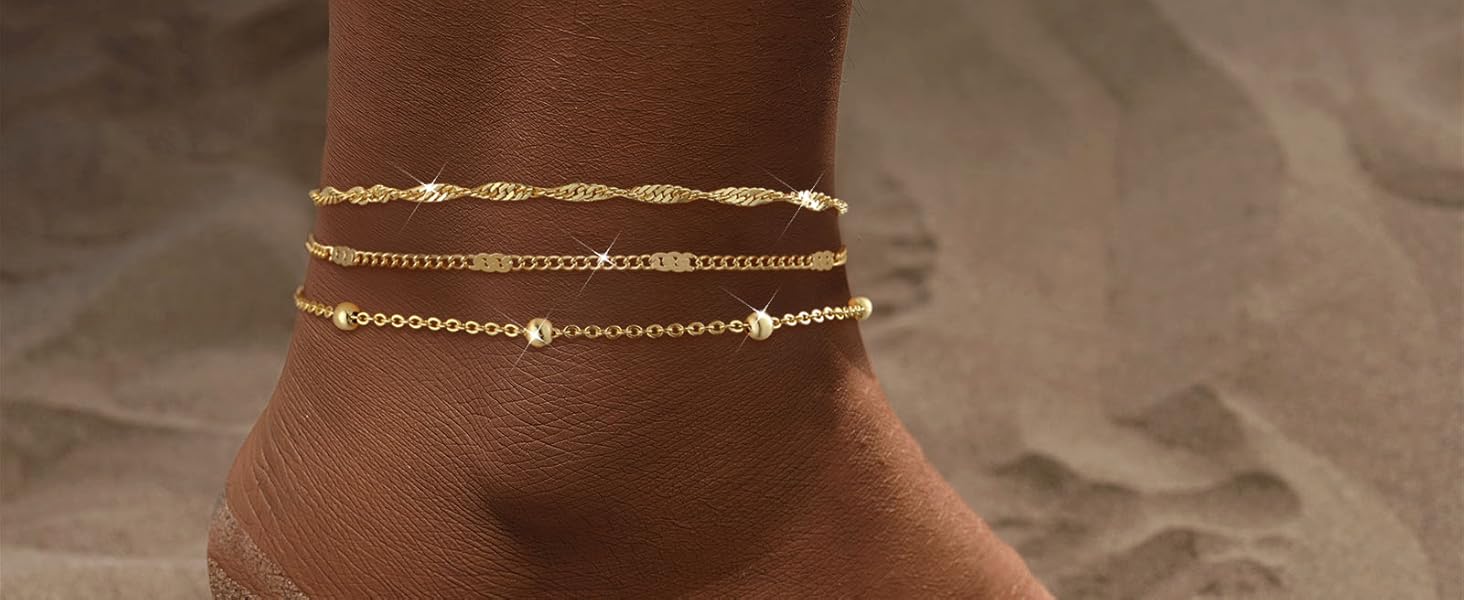 2PCS Gold Anklets for Women Waterproof Cuban Link Anklet Beaded Bracelets Stackable Bracelets 14K Gold Plated Custom Jewelry Gifts Non Tarnish Lightweight