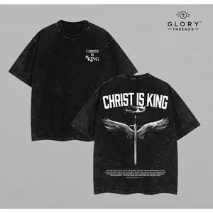 Men's Ribbed Cotton Christ Is King Christian Washed T-Shirt - Classic Casual Day Apparel, Oversized Gym Streetwear, Unisex Christian Top for Easter