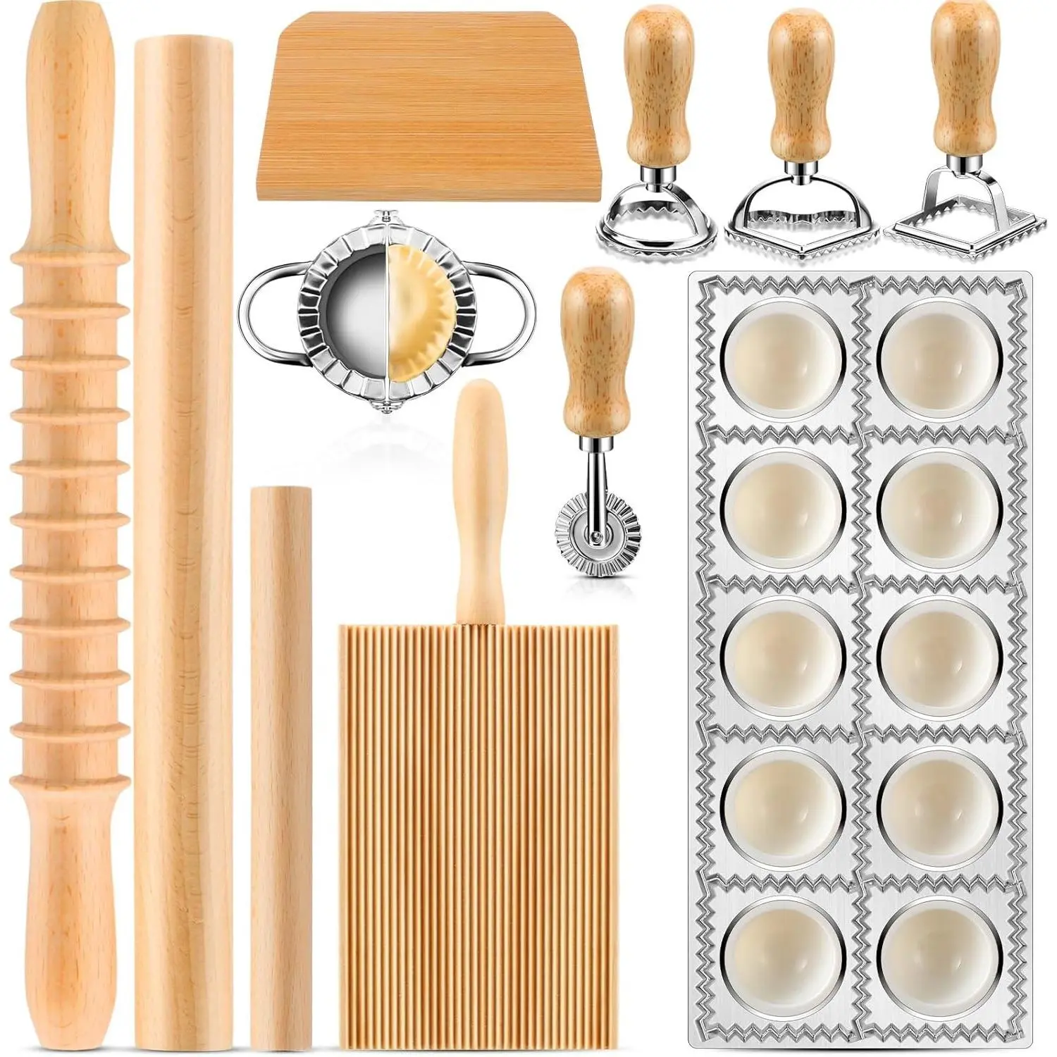 12 Piece Ravioli Mold Set with Press, Scraper, Cutter, Pierogi Maker, Rolling Pin, Gnocchi Board, Wooden Roller, and 4 Ravioli Stamp Maker Cutters for Making Pasta, Dumplings, and Pierogi