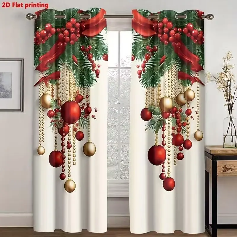 Versatile Christmas Holiday Printed Window Curtains 2 Panels, Mixed Xmas Floral Ornament Snow Scene Washable Fabric Drapes