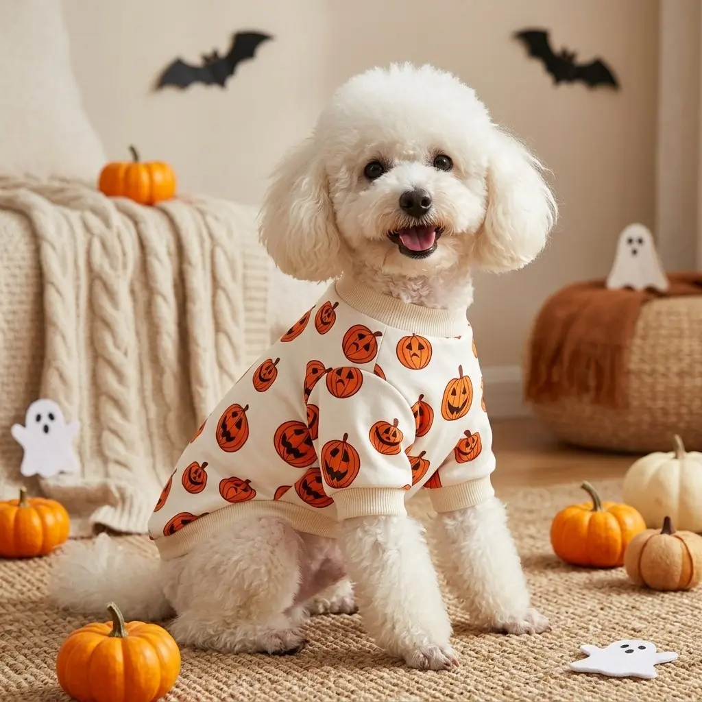 Halloween Pumpkin Dog Sweatshirt Full Print Lantern Face Pet Pullover Shirt White Crew Neck Soft Puppy Outfits Halloween Party Cosplay Costume Spooky Ghost Bat Spider Pet Clothes For Small Medium Dogs Cats Daily Wear Trick Or Treat Photo Holiday Pet Gift